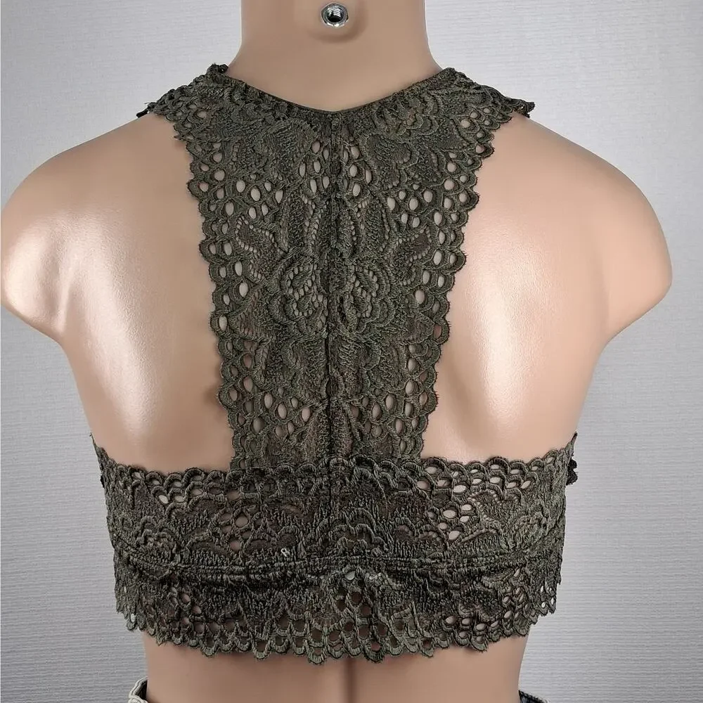 Altar'd State Lace Bralette Women's‎ Medium Dark Olive Green Racer Back Lined